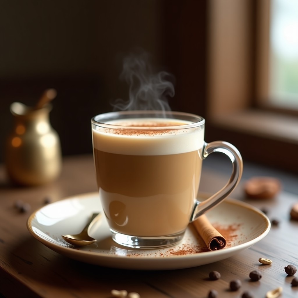 Taza de vidrio transparente con latte árabe energético de café, especias y leche de avena, decorado con canela en polvo y una rama de canela al lado, sobre fondo rústico de madera con especias enteras dispersas.