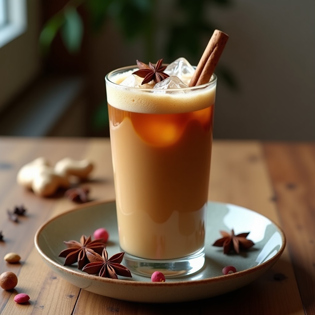 Vaso alto de cristal con bebida de café frío especiada, leche de avena espumosa, hielo picado y una rama de canela como decoración. Fondos borrosos de especias enteras como anís estrellado y pimienta rosa sobre una mesa de madera rústica.