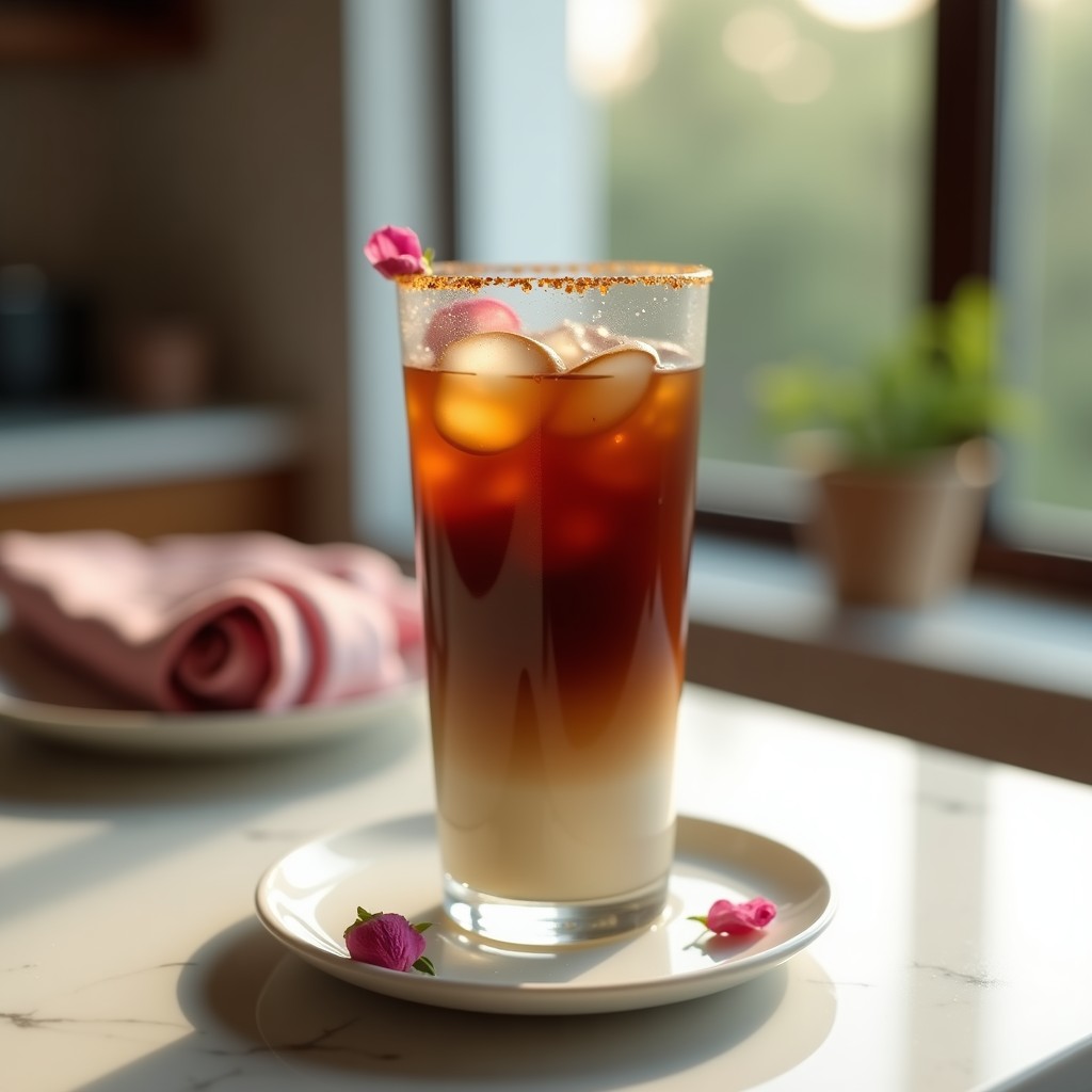Vaso alto de cristal con bebida de café frío color marrón oscuro, coronado con pétalos de rosa rosados y hielo picado. Fondo borroso con especias de cardamomo y granos de café Arabica, luz natural suave.