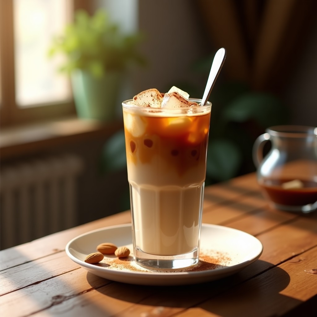 Vaso alto transparente con café helado vegano, leche de almendras y esencia de vainilla, decorado con una pizca de canela y hielo brillante, sobre una mesa de madera con luz natural de verano.