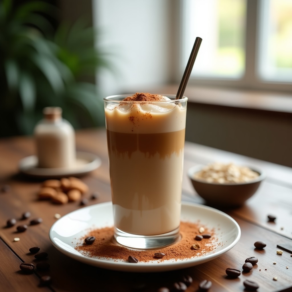 Vaso alto transparente con café helado proteico espumoso, decorado con canela en polvo y una pajita de metal, sobre una mesa de madera con granos de café y almendras al fondo.