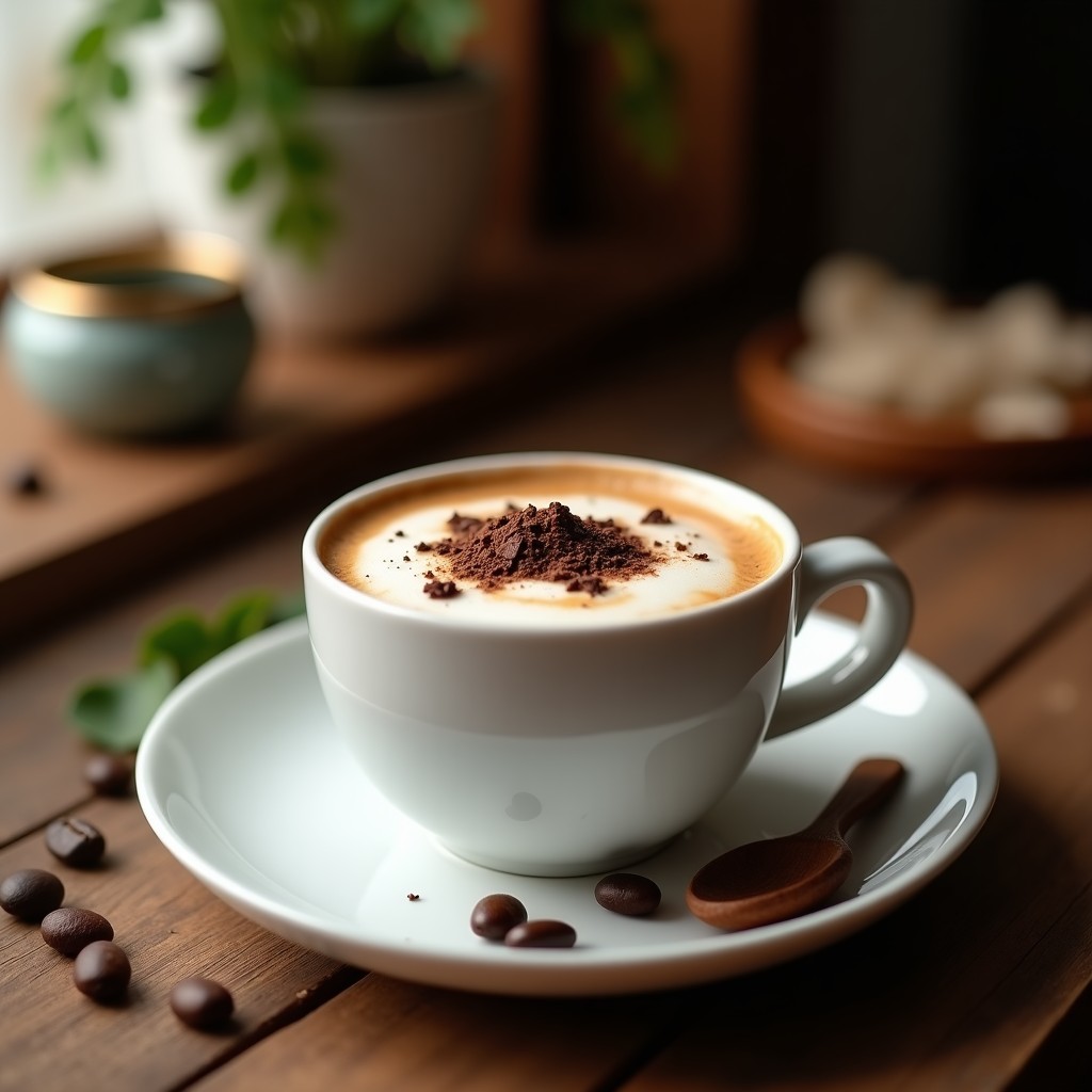 Taza de cerámica blanca con latte energético inmunoestimulante de café y hongos medicinales, espuma cremosa en la superficie, decorada con canela en polvo y una rodaja de vainilla, sobre una mesa de madera rústica con granos de café y polvo de hongos al fondo.