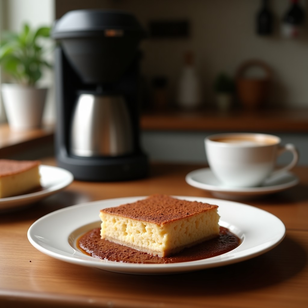 Vaso alto transparente con café moka proteico vegano, espuma cremosa en superficie, decorado con cacao en polvo y canela, fondo rústico con granos de café y hojas de menta.