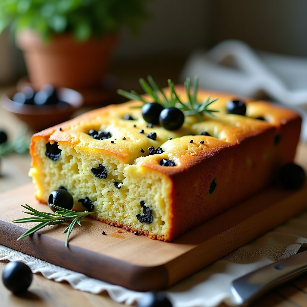 Cake de zucchini y aceitunas negras con hierbas provenzales sin harina, cortado en porciones, con textura esponjosa y dorada, decorado con semillas de sésamo y hierbas frescas, servido en tabla de madera rústica.