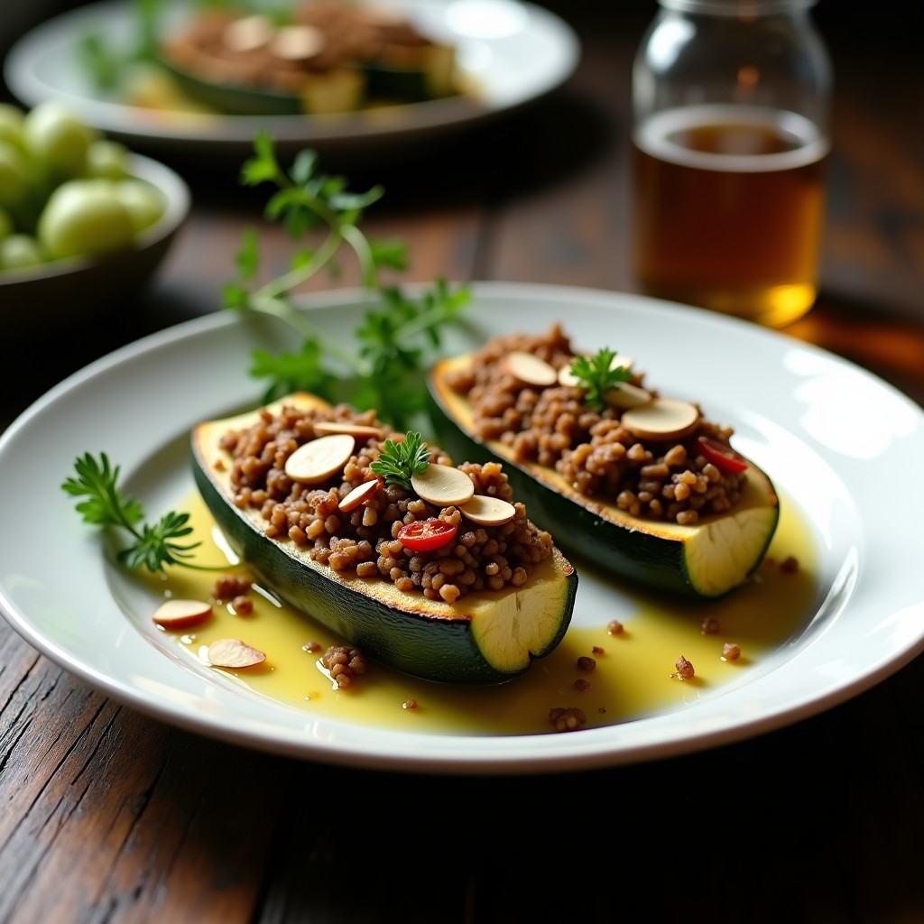 Plato ovalado blanco con dos mitades de calabacín relleno de arroz salvaje oscuro y champiñones portobello dorados, espolvoreados con almendras tostadas y perifollo fresco. Receta vegana al horno de calabacín relleno de arroz salvaje y champiñones portobello.