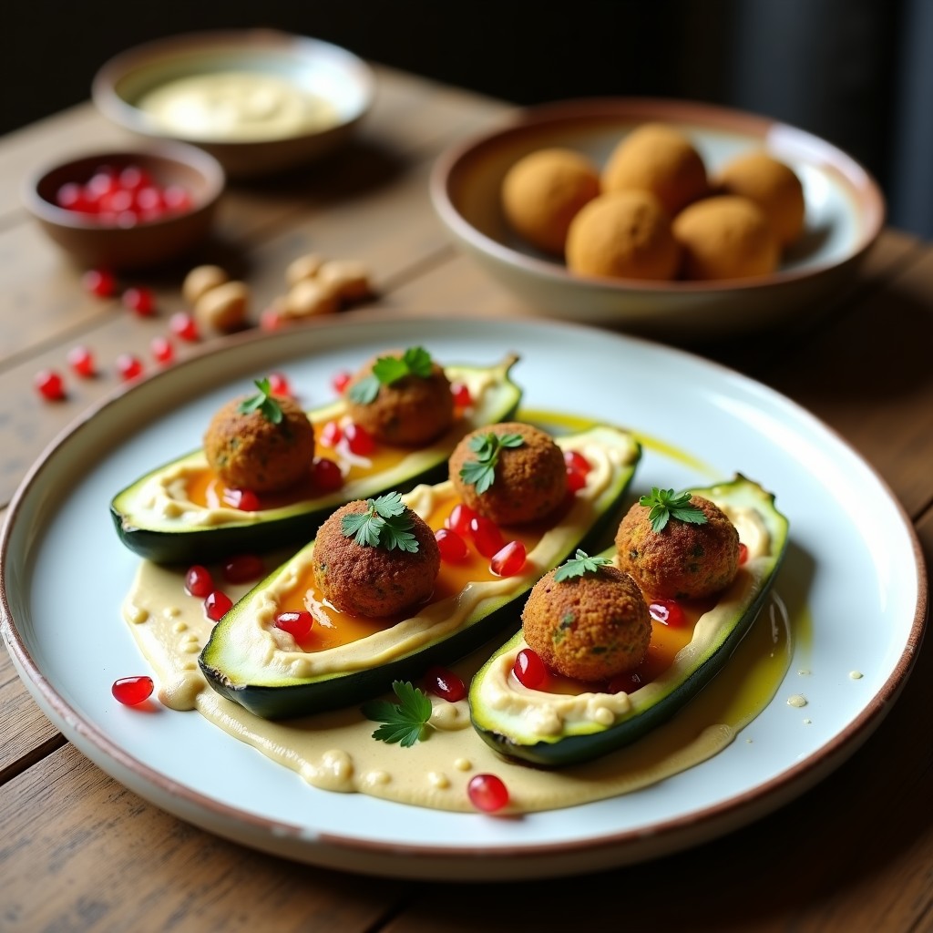 Plato de calabacín relleno de falafel y hummus libanés, con semillas de sésamo tostadas y perejil fresco, horneado a la perfección en 30 minutos.