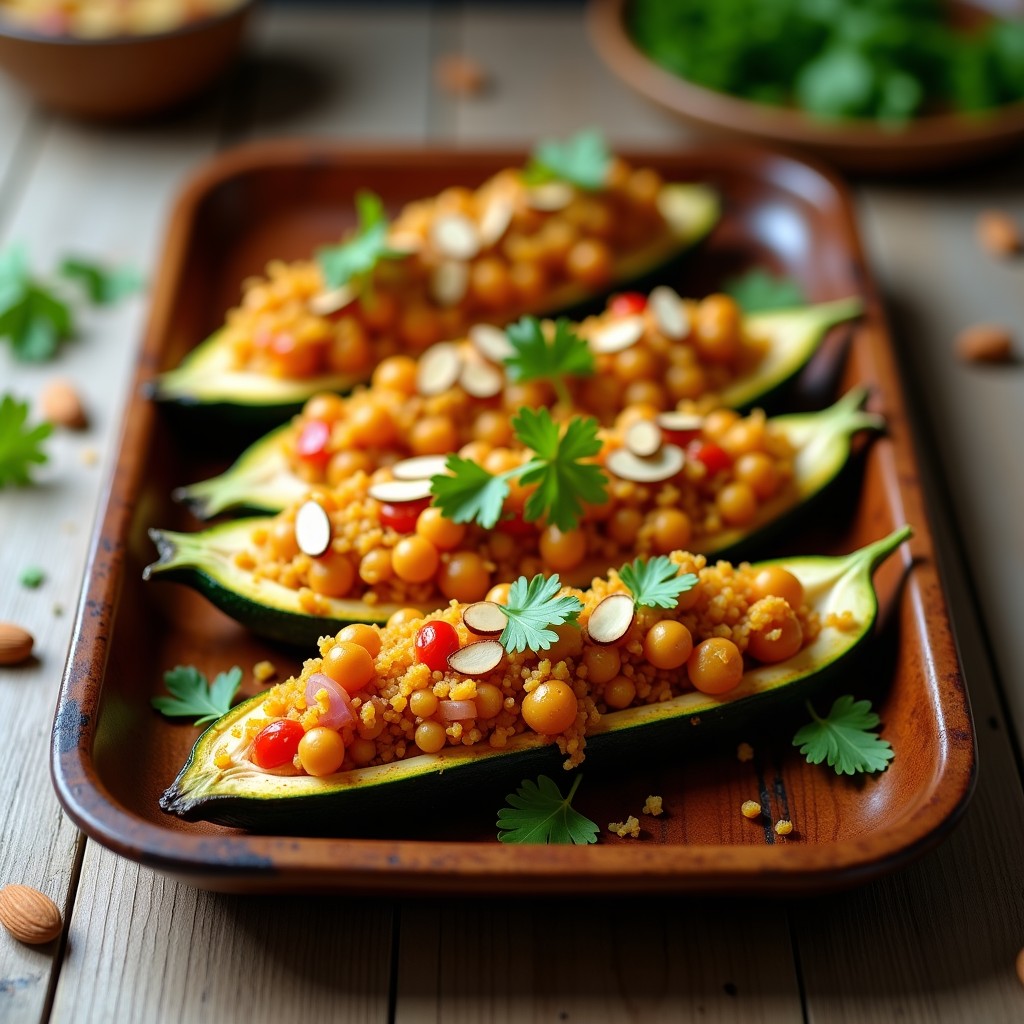 Calabacines rellenos de quinoa y curry al horno, con almendras tostadas y cilantro fresco, sobre bandeja de madera rústica.