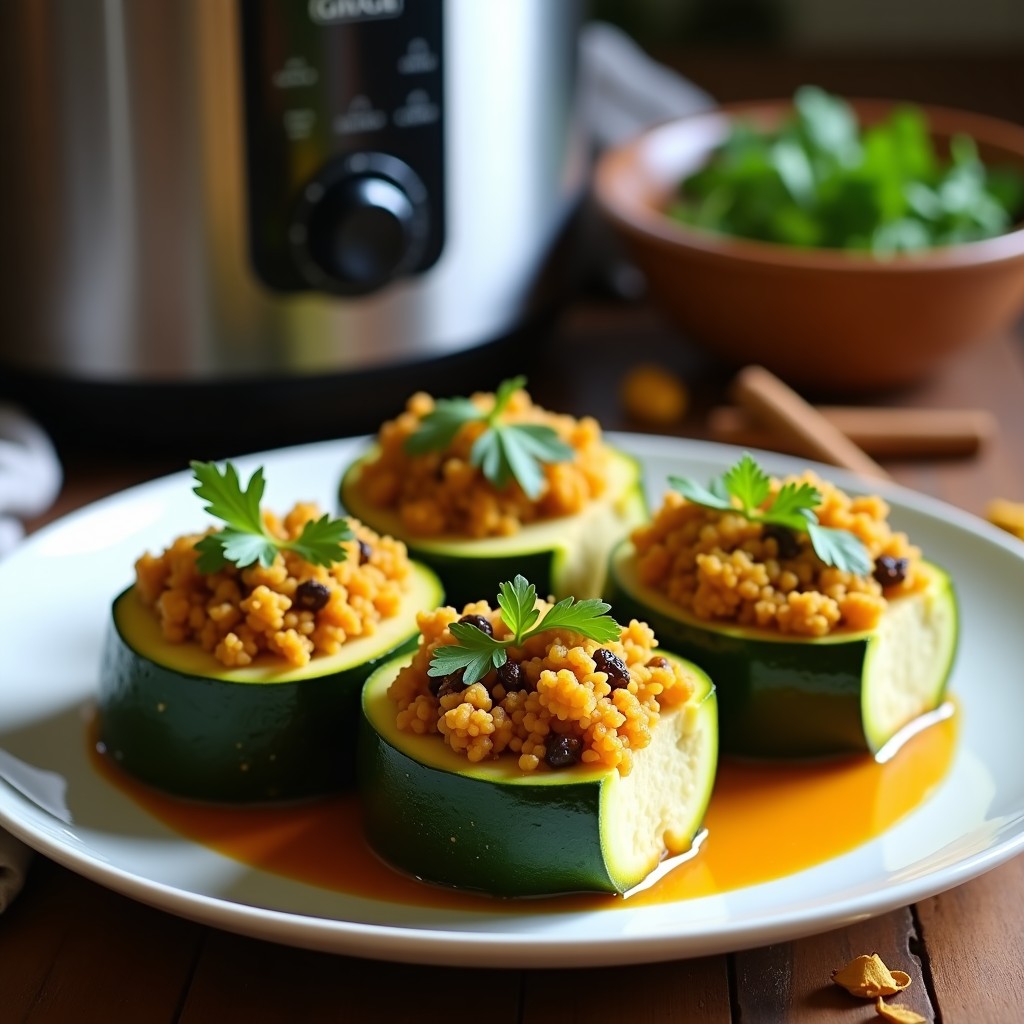 Plato de calabacín relleno de quinoa y pasas al curry persa, servido en fuente de barro. Los calabacines, dorados y abiertos por la mitad, muestran un relleno esponjoso de quinoa con trocitos de pasas y almendras tostadas. Decorado con cilantro fresco y un limón en rodajas al lado, sobre un mantel rústico de lino.