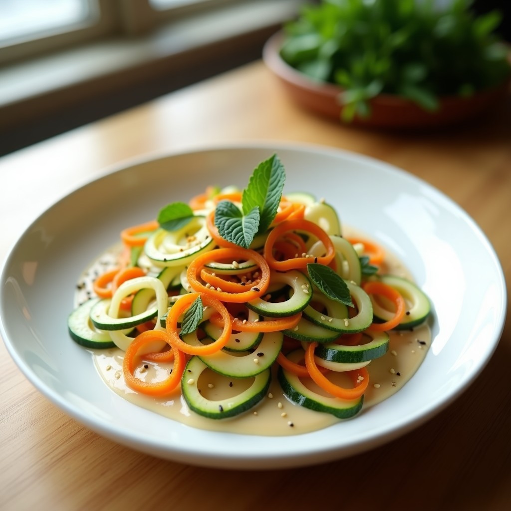 Plato blanco con espirales de calabacín y zanahoria frescas, bañadas en salsa de tahini cremosa, decoradas con cubos de aguacate, perejil, menta y semillas de sésamo. Receta crudivegana y sin cocción.