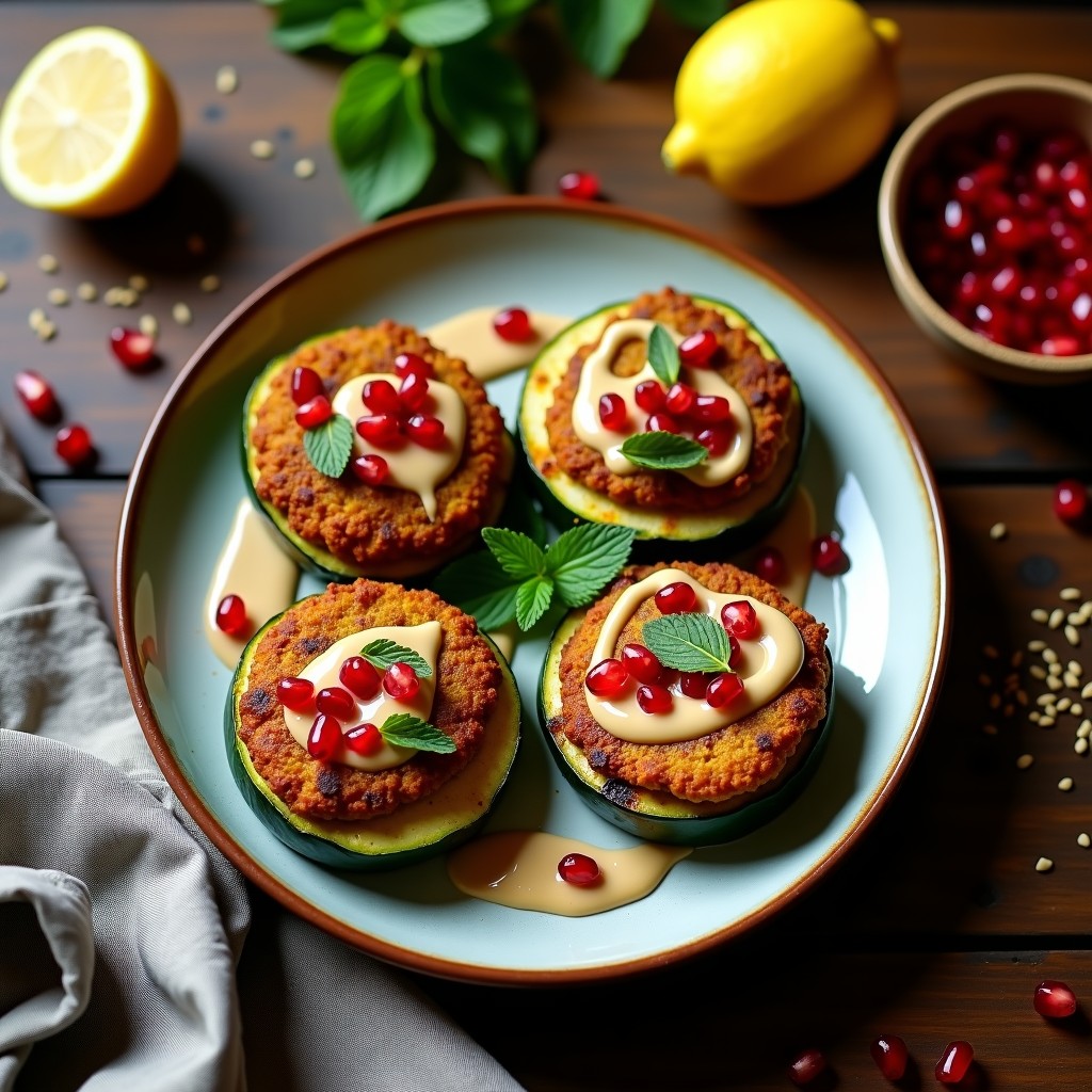 Plato de calabacines redondos asados rellenos de falafel dorado y crujiente, bañados en salsa cremosa de tahini, decorados con semillas de granada rojas y hojas de menta fresca, sobre fondo rústico de madera oscura.