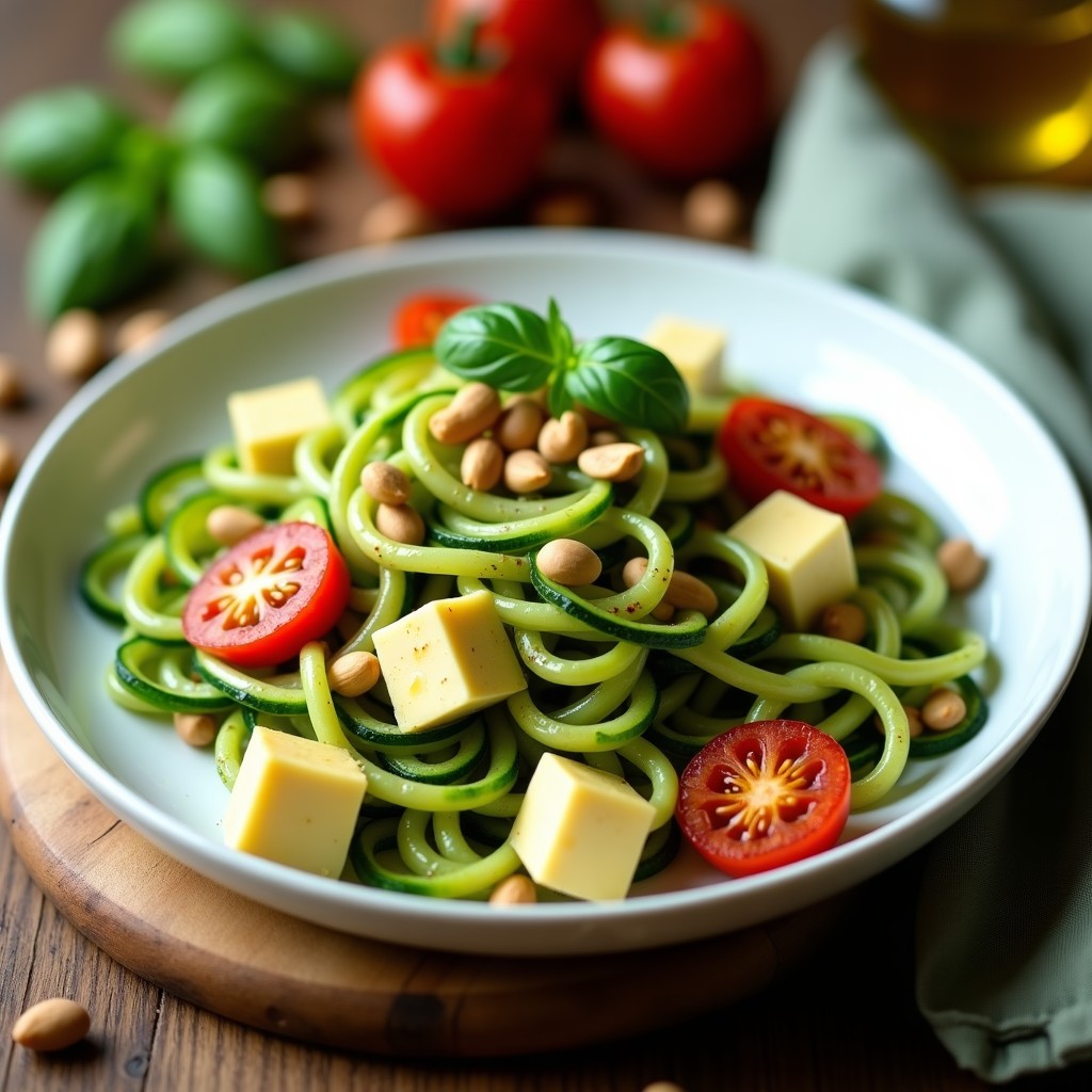 Plato blanco con calabacines en espiral dorados al horno, cubiertos de pesto de albahaca verde brillante y trozos de queso vegano cremoso. Acompañado de tomates cherry asados y piñones tostados, receta italiana sin lácteos.