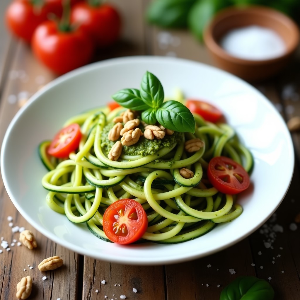 Plato blanco rústico con calabacines espiralizados frescos mezclados con pesto de albahaca y nueces, decorado con tomates cherry rojos y hojas de albahaca. Receta italiana baja en calorías.