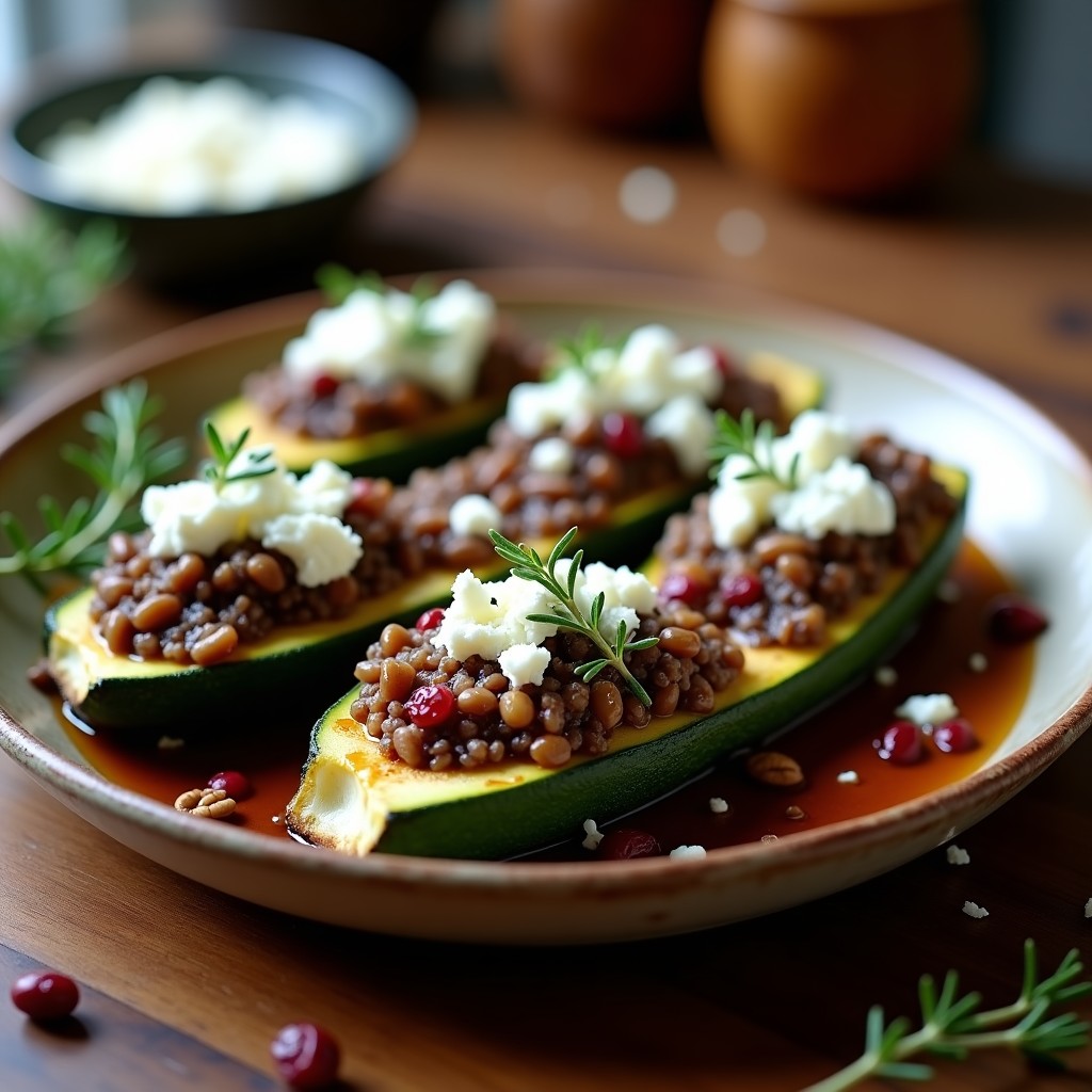 Calabacines rellenos de arroz salvaje y arándanos en bandeja de horno, con queso de cabra dorado y hierbas frescas, receta americana keto.