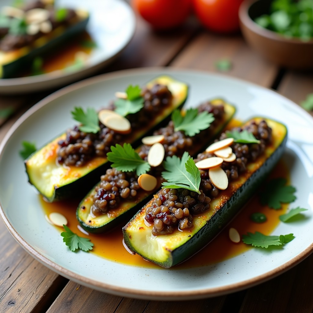 Plato de calabacines rellenos de arroz salvaje y berenjena asada, dorados en airfryer, con almendras fileteadas y cilantro fresco. Receta sin gluten y baja en calorías.