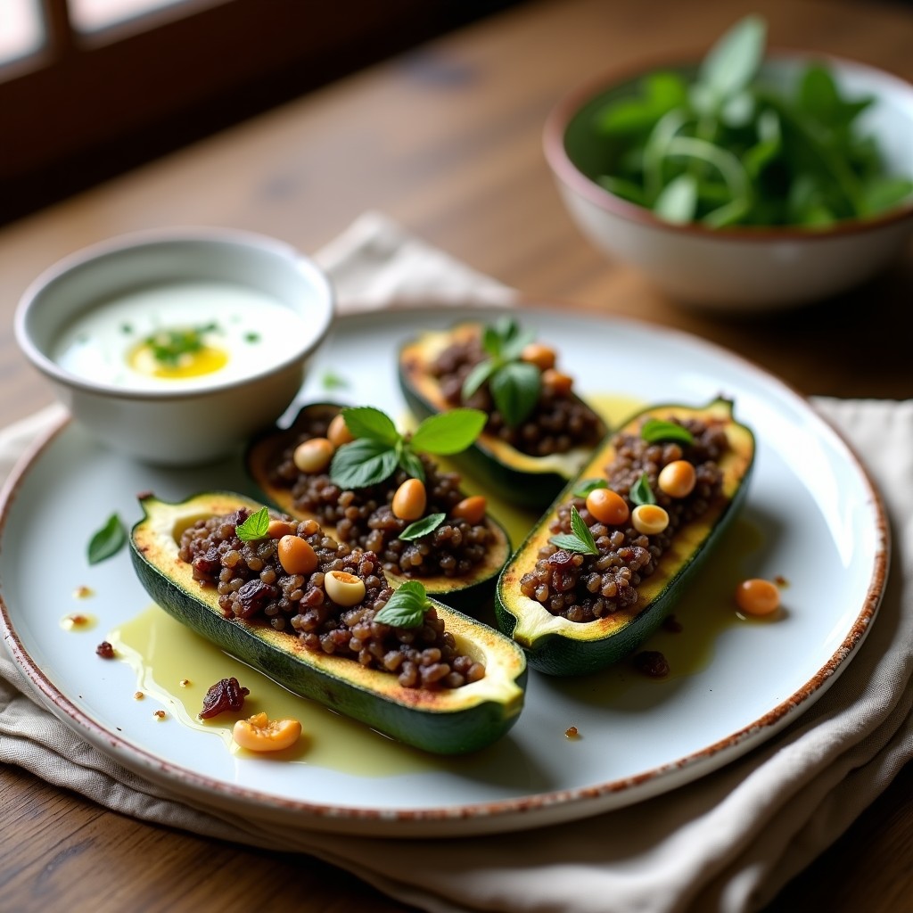 Plato de calabacines rellenos de arroz salvaje y pasas con salsa de yogur, decorados con piñones tostados y hojas de menta fresca, receta de Oriente Medio en 30 minutos.