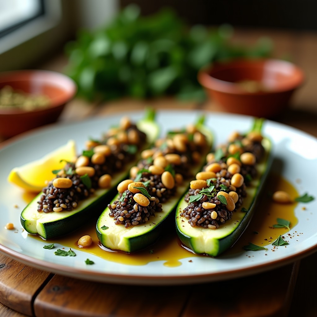 Calabacines medianos cortados por la mitad, rellenos de arroz Venere negro con piñones y pasas, espolvoreados con zaatar. Plato libanesa en airfryer con decoración de perejil fresco y rodaja de limón, fondo rústico de madera.