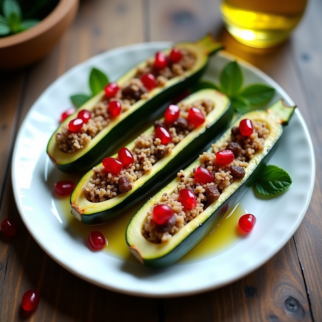 Plato de calabacines rellenos de bulghur y granados con toque ácido-dulce, decorados con semillas de granada y hojas de menta fresca, servidos en una fuente de cerámica blanca sobre fondo rústico.
