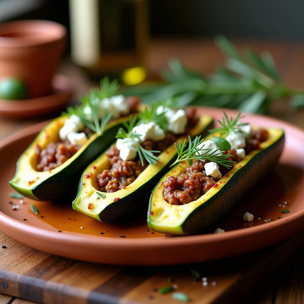 Calabacines rellenos de carne picada de cordero y queso feta desmenuzado, dorados a la perfección en airfryer, con hierbas frescas de eneldo y menta, sobre un plato de barro griego con fondo rústico.