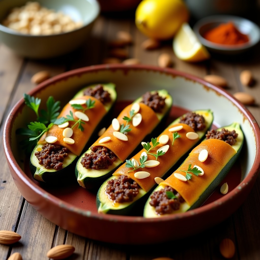 Calabacines rellenos de carne picada y ciruelas pasas, receta marroquí con toque dulce-salado, servidos en bandeja de horno con perejil fresco y almendras tostadas.