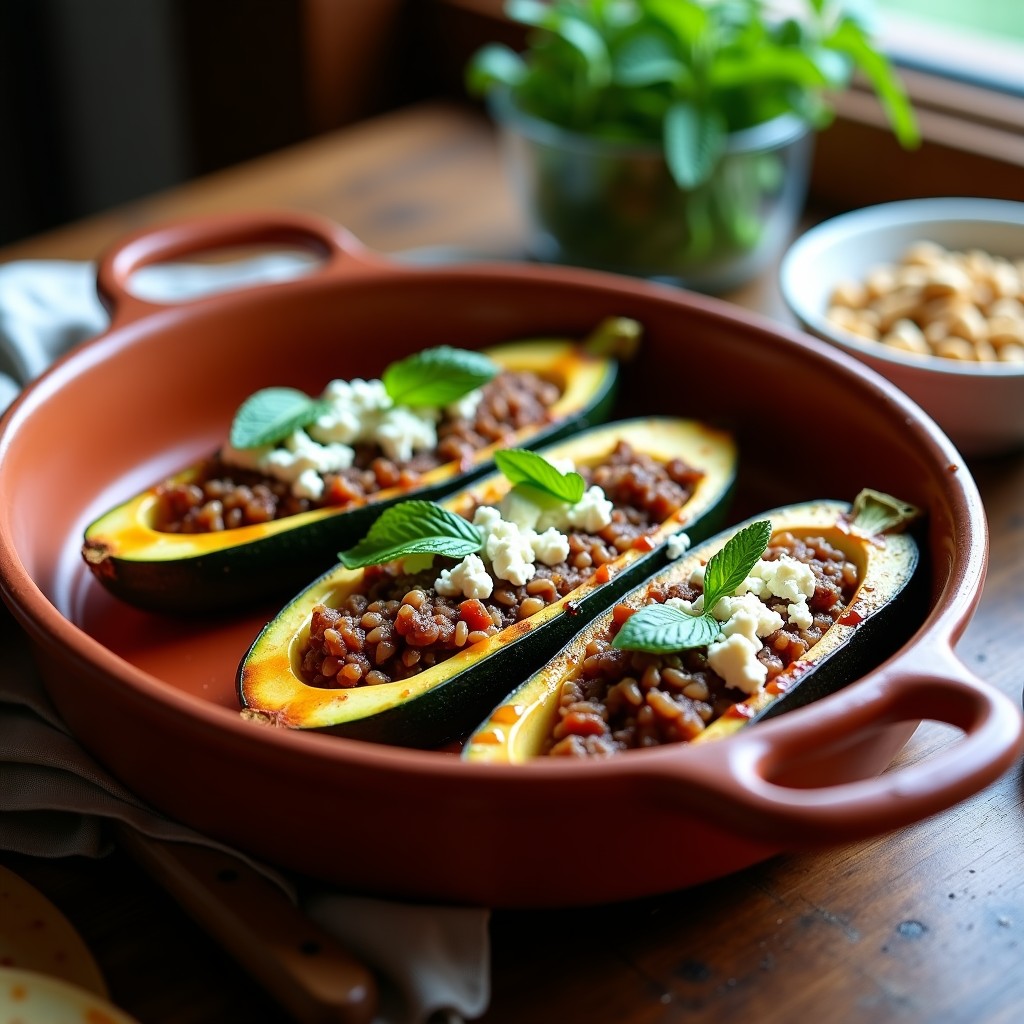 Fuente de barro con cuatro calabacines rellenos de cordero y arroz salvaje, horneados a la perfección, con queso feta desmenuzado y hojas de menta fresca. Plato de cocina griega tradicional con toques dorados y especiados.