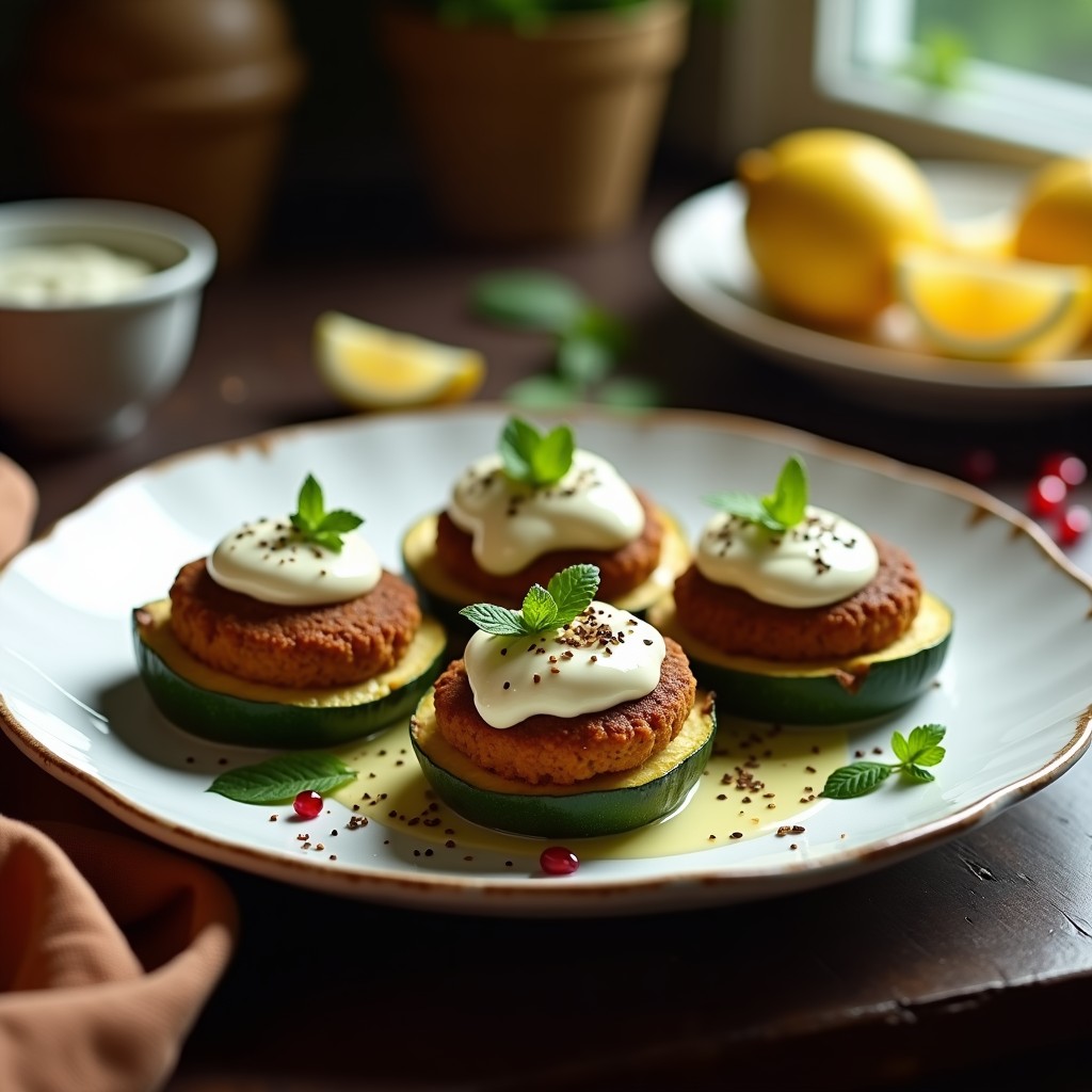 Calabacines rellenos de falafel dorado y salsa de yogur vegano en bandeja de horno, decorados con semillas de sésamo y granada, receta libanesa al horno.