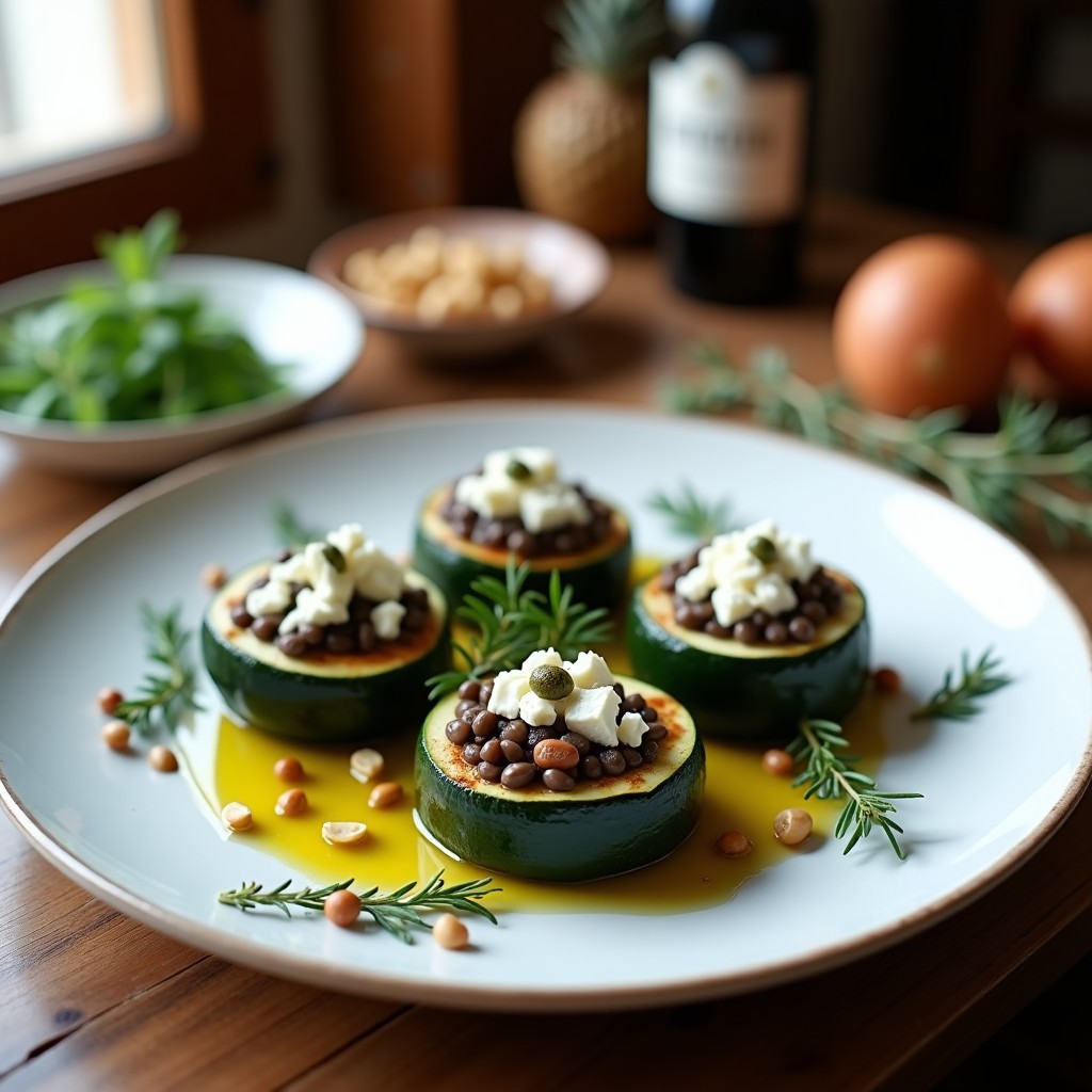 Plato de calabacines redondos rellenos de lentejas beluga oscuras con queso feta desmenuzado, piñones tostados y pasas, sobre fondo de madera rústica con hierbas frescas. Receta griega de calabacines rellenos de lentejas beluga y queso feta en olla lenta.