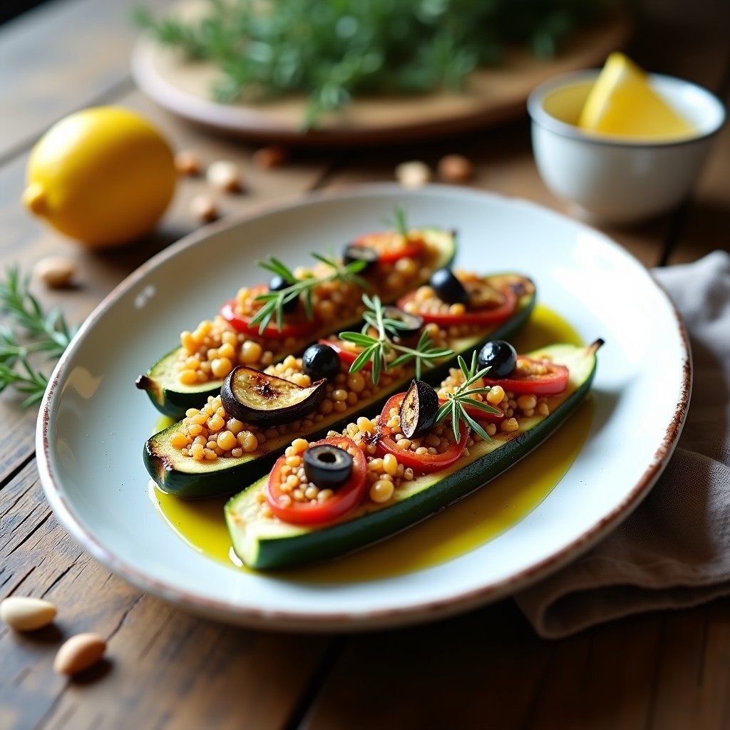 Cuatro mitades de calabacín rellenas de quinoa y berenjena asada, con almendras fileteadas y perejil fresco, sobre una fuente de barro rústica. Plato mediterráneo vegano y sin gluten con tonos dorados y verdes vibrantes.