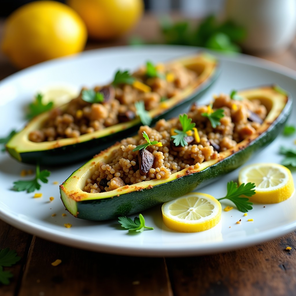 Calabacines rellenos de quinoa y champiñones Portobello en Airfryer sin aceite, servidos en plato blanco con perejil fresco y rodajas de limón, textura crujiente y dorada.