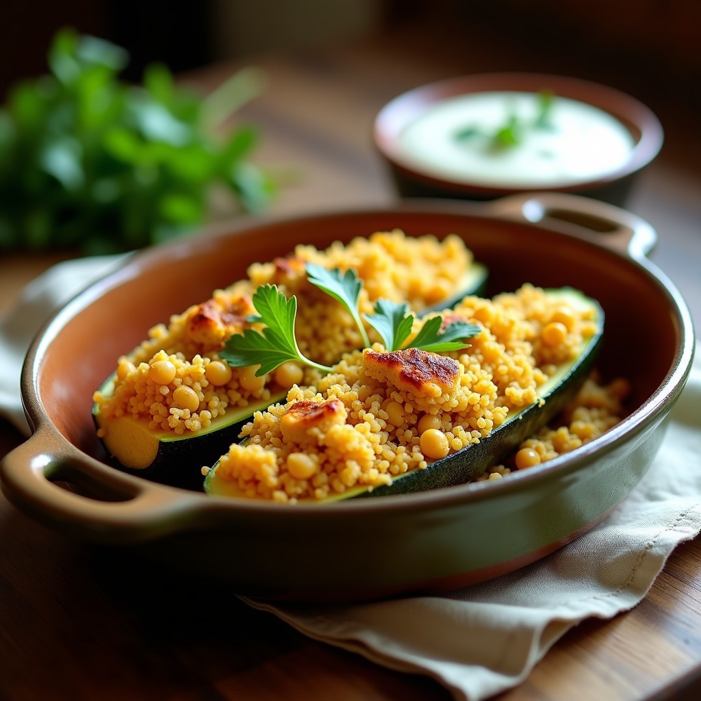 Calabacines grandes abiertos por la mitad, rellenos de una mezcla dorada de quinoa, garbanzos, pasas y especias de curry, horneados hasta dorar, servidos en una fuente de barro rústica.