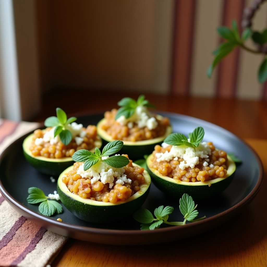Plato de calabacines rellenos de quinoa y higaditos de pollo, receta peruana alta en hierro, con queso fresco dorado y decorados con huacatay fresco sobre fondo rústico de madera.