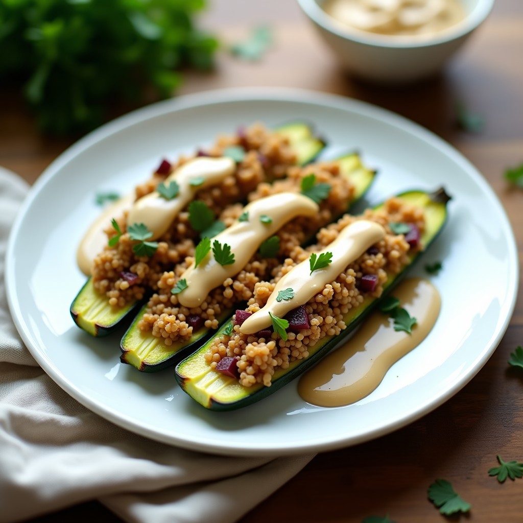 Plato de calabacines rellenos de quinoa y hongos ostra con salsa de tahini, horneados en Airfryer. Los calabacines están dorados por fuera y rellenos de una mezcla esponjosa de quinoa, hongos ostra y especias, bañados con una salsa cremosa de tahini y decorados con perejil fresco.