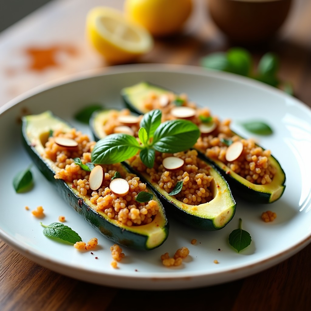 Calabacines rellenos de quinoa y pasas con especias marroquíes, cocinados en airfryer hasta dorarse, sobre un plato de cerámica blanca con hojas de menta fresca y almendras fileteadas como decoración.