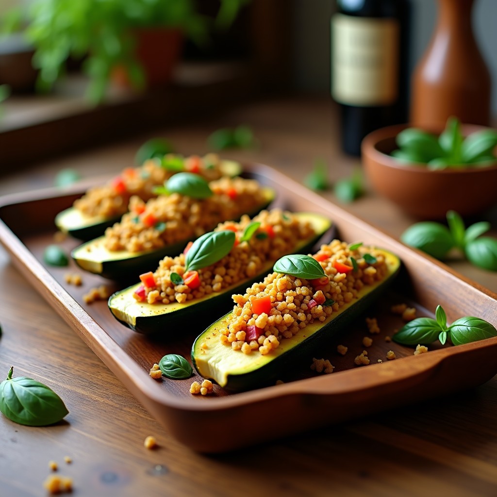 Calabacines rellenos de quinoa y tofu ahumado horneados, con el interior dorado y decorados con albahaca fresca sobre una bandeja de madera rústica.