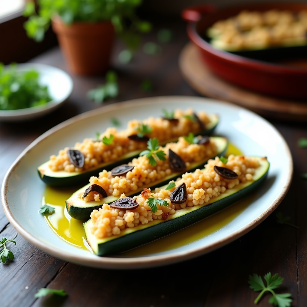 Plato ovalado de cerámica blanca con cuatro mitades de calabacines rellenos de quinoa, champiñones y trufa negra, gratinados con queso pecorino dorado, sobre fondo rústico de madera con hierbas frescas.
