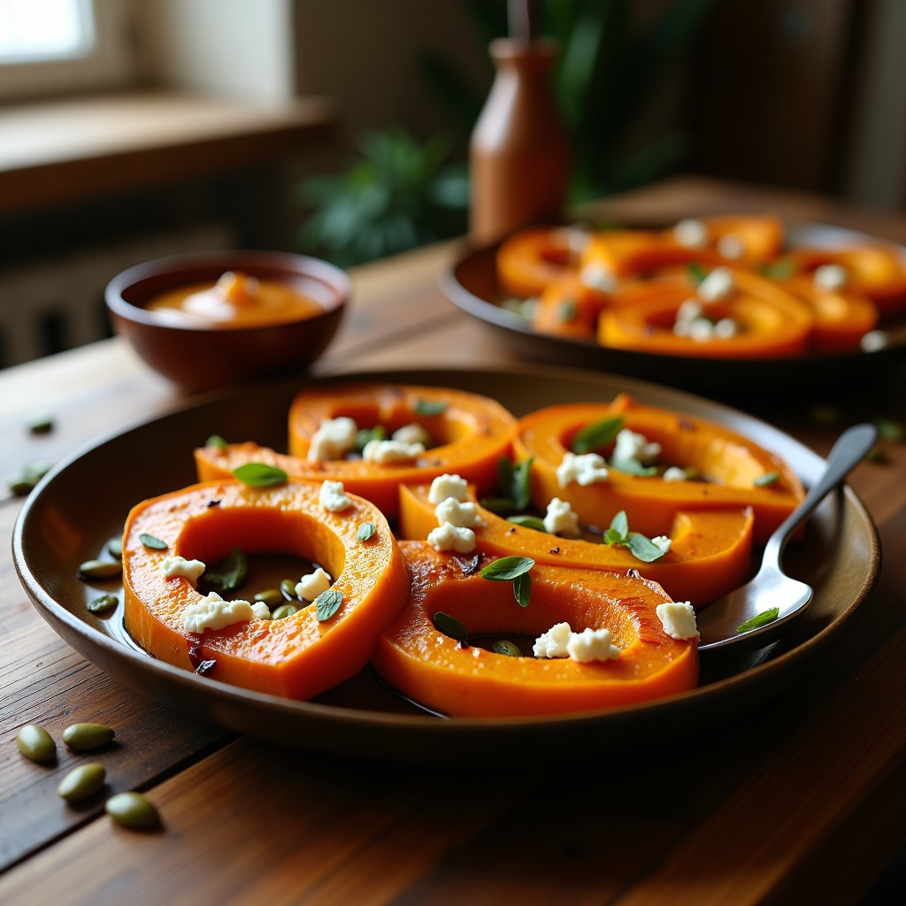 Bandeja de horno con gajos de calabaza butternut asados, dorados y brillantes, cubiertos con miel ahumada, semillas de calabaza tostadas y queso de cabra desmenuzado, sobre fondo rústico de madera.