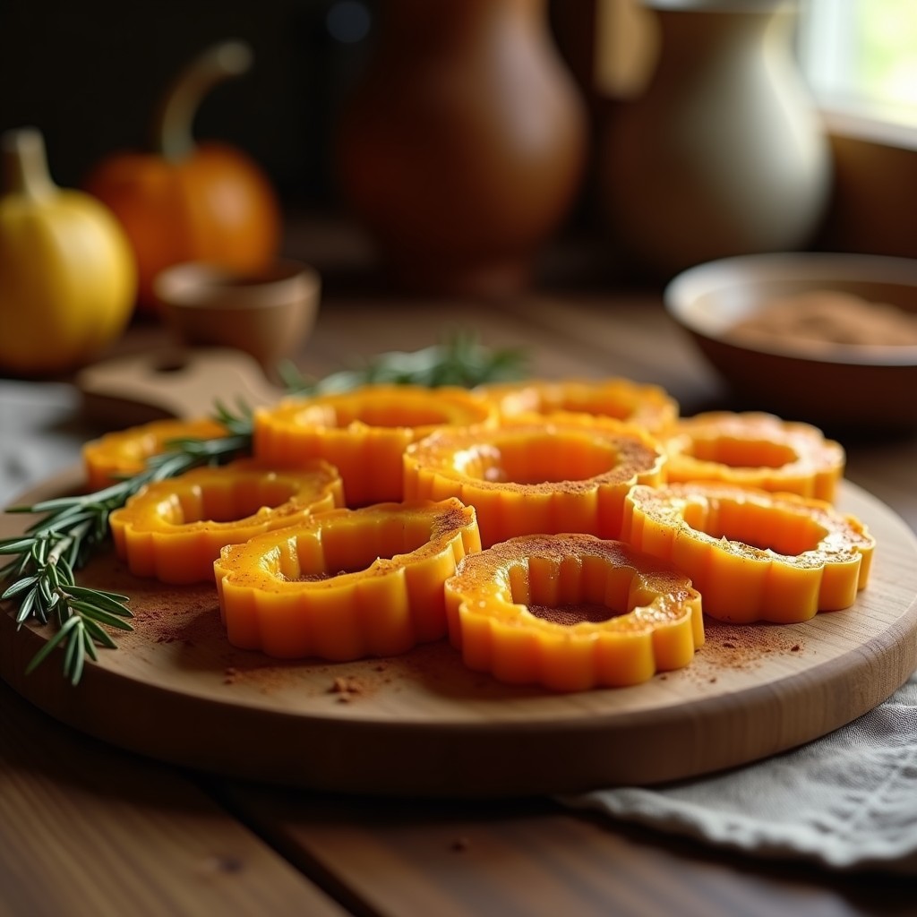 Bandeja de horno con rodajas de calabaza asada doradas, brillantes por la miel caramelizada y espolvoreadas con canela, sobre fondo de madera rústica. Receta de calabaza asada con miel y canela.