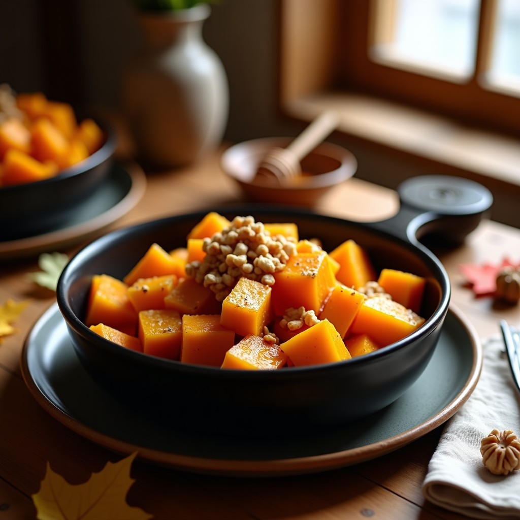 Canasta de airfryer con calabaza asada en cubos dorados, brillantes por la miel caramelizada y espolvoreados con nueces tostadas troceadas. Fondo rústico de madera con hojas de otoño.