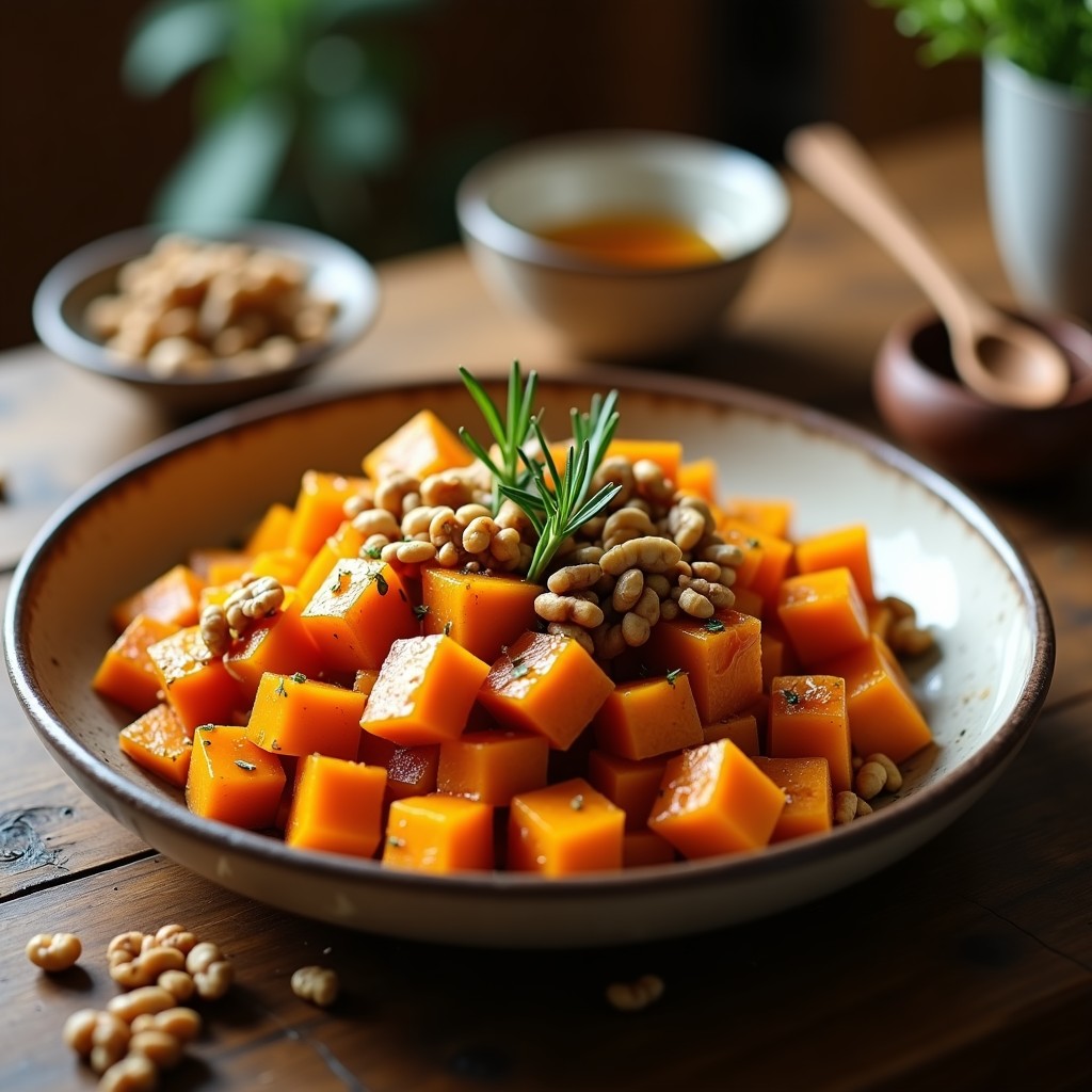 Bandeja de horno con cubos dorados de calabaza asada, brillantes por la miel, espolvoreados con nueces troceadas y ramitas de romero, receta saludable y alta en fibra.