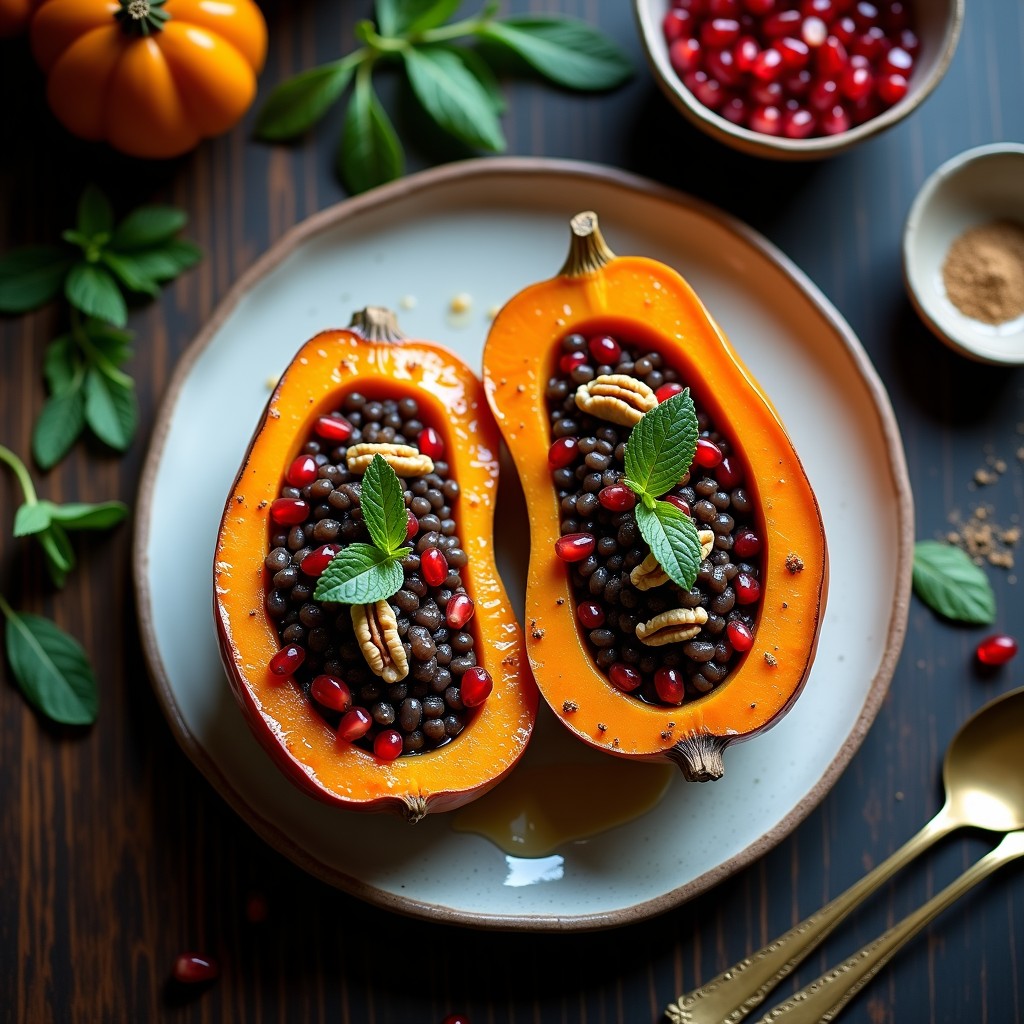 Calabaza butternut asada cortada por la mitad, rellena de lentejas beluga oscuras y semillas de granado rojo vibrante, decorada con nueces picadas y hojas de menta fresca sobre una bandeja de horno rústica.