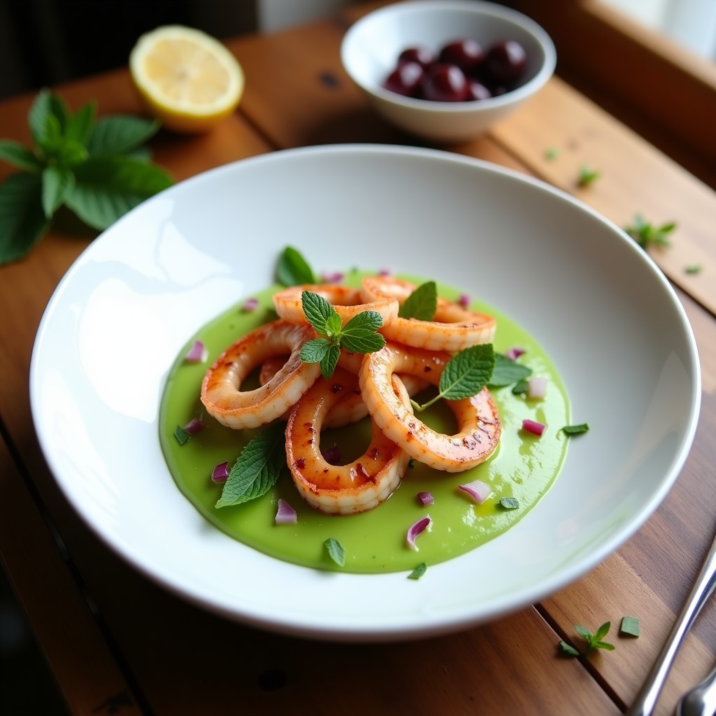 Plato blanco con calamares a la plancha dorados en airfryer sobre un puré verde suave de guisantes y menta, decorado con cebolla morada y hojas de menta fresca, receta griega baja en calorías.