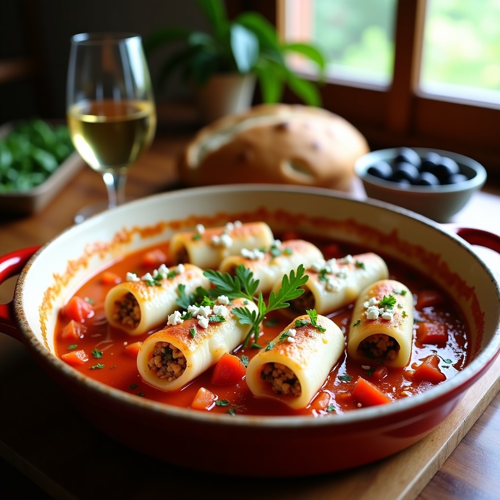 Plato de calamares rellenos de quinoa y pimientos asados en salsa de tomate y almejas, gratinados con queso feta, servidos en bandeja de horno rústica con perejil fresco.