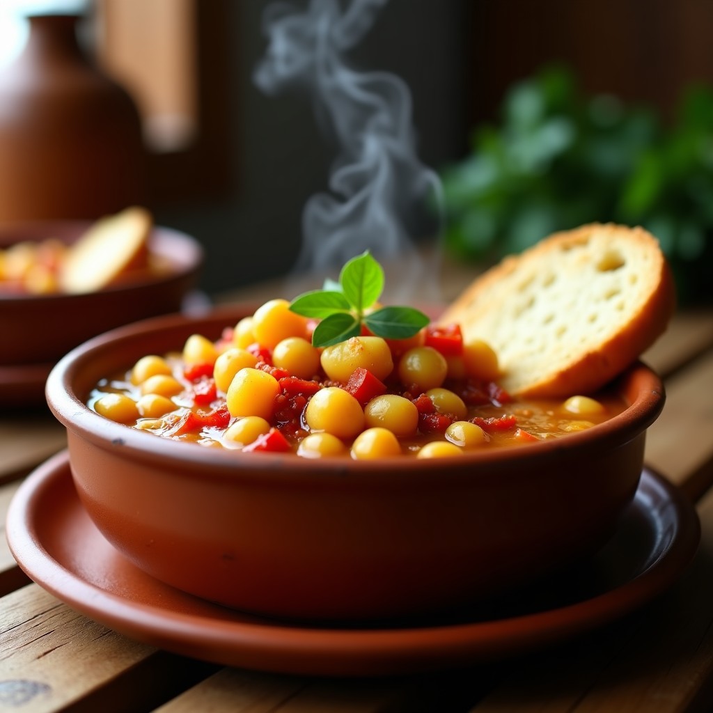 Plato hondo de barro con caldero gitano murciano: garbanzos tiernos, patatas y trozos de ñora en un caldo espeso y dorado, espolvoreado con perejil fresco. Receta tradicional de olla express.