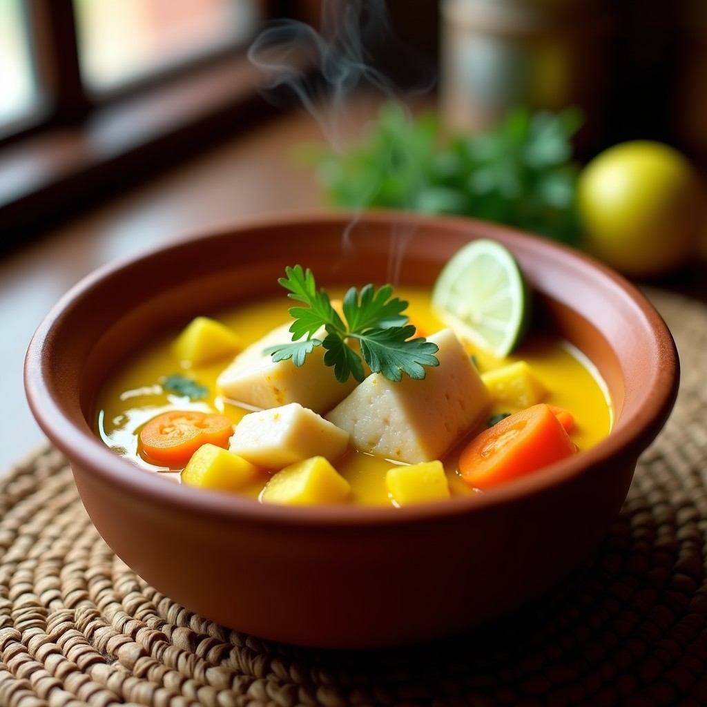 Plato hondo de barro con caldillo de congrio con ají amarillo, trozos de pescado blanco en salsa amarilla espesa, acompañados de papa amarilla y zanahoria, decorado con culantro fresco y rodaja de limón.