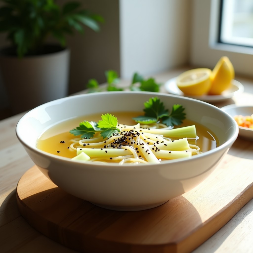Cuenco blanco de cerámica japonesa con caldo depurativo dorado, rodajas de apio verde brillante, fideos de shirataki translúcidos, hojas de shiso moradas y semillas de sésamo negro espolvoreadas. Fondo borroso con utensilios de madera y limón cortado.