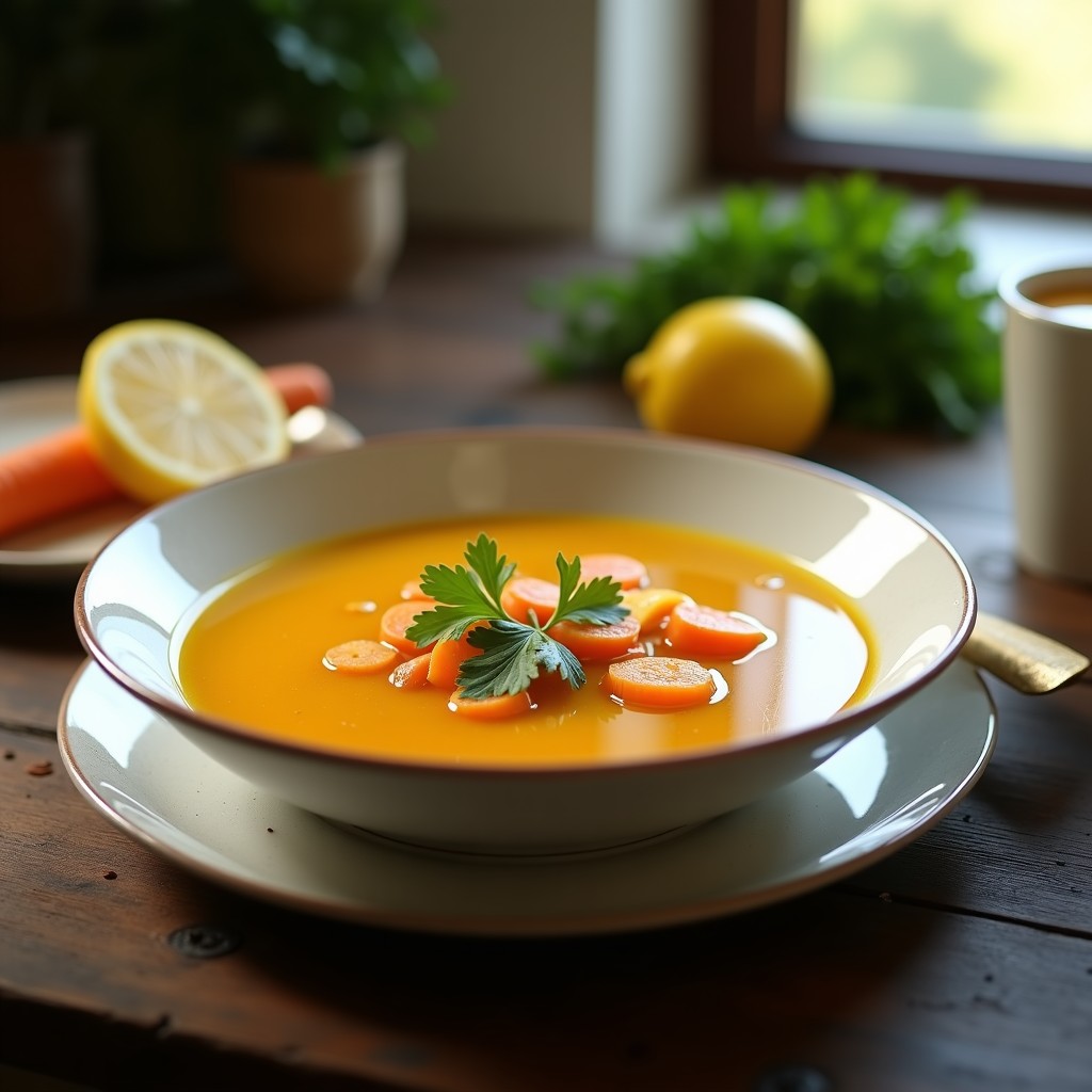 Cuenco blanco con caldo depurativo de apio nabo y cúrcuma, de color dorado intenso, decorado con hojas de cilantro fresco y rodajas de limón. Fondo rústico con texturas de madera y luz natural resaltando el vapor del caldo.