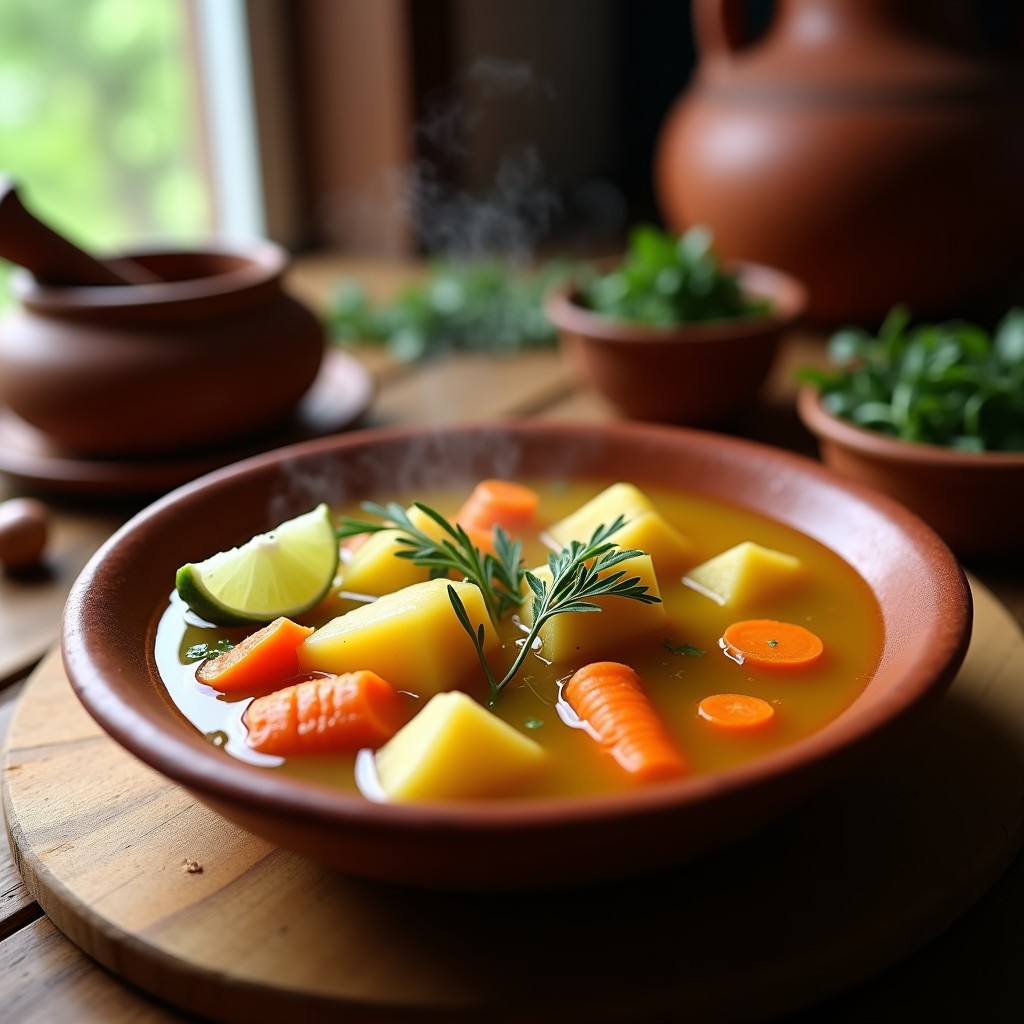 Olla negra de barro con Caldo T Cóndor Andes humeante, trozos de yuca dorada, zanahoria y hierbabuena fresca flotando, servido en un plato hondo de cerámica rústica con fondo de madera oscura.
