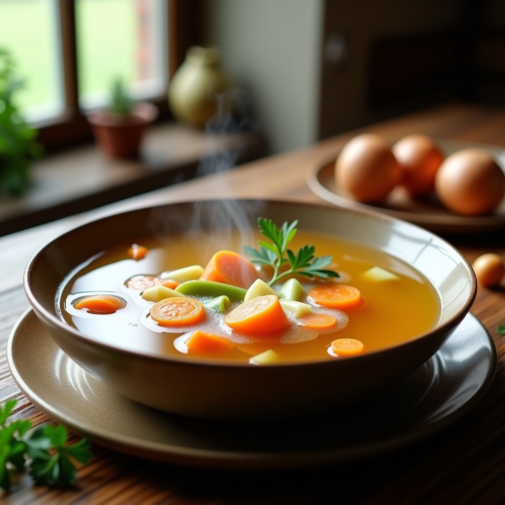 Olla humeante con caldo de espinas de pescado dorado, espuma blanca en la superficie y verduras flotando, receta express y nutritiva.