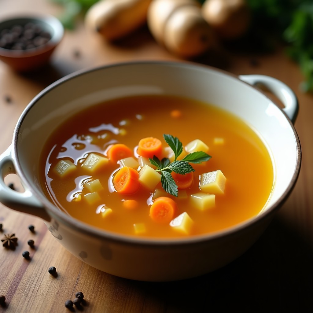 Olla lenta abiertos mostrando un caldo de huesos dorado y gelatinoso con trozos de zanahoria, apio y jengibre, receta curativa para articulaciones y piel.