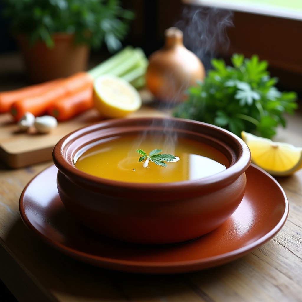 Olla de barro humeante con caldo de huesos de cordero dorado, espumoso y transparente, rodeado de zanahorias, apio y hierbas frescas. Receta de olla lenta con colágeno natural.