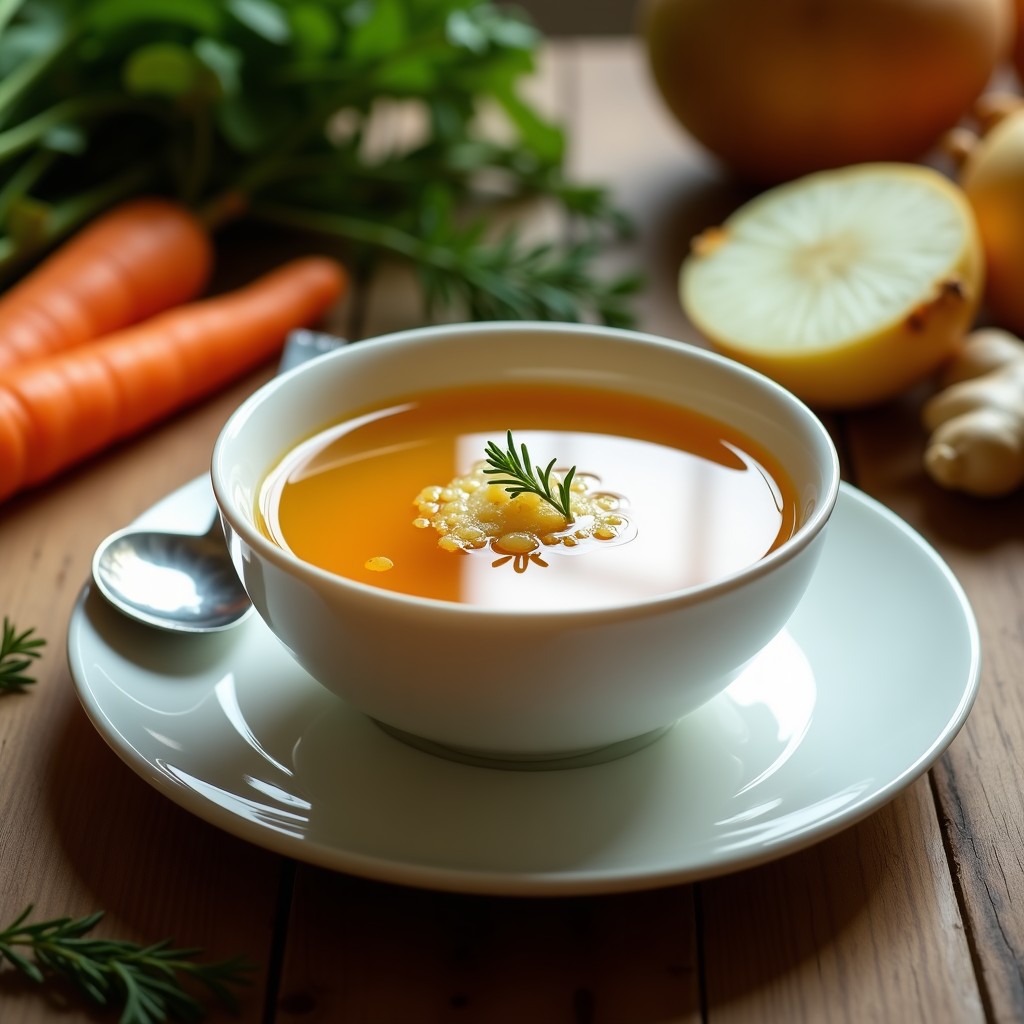 Tazón de cerámica blanca con caldo de huesos curativo dorado y gelatinoso, espuma en la superficie, rodeado de zanahorias, apio y hierbas frescas. Receta en airfryer.